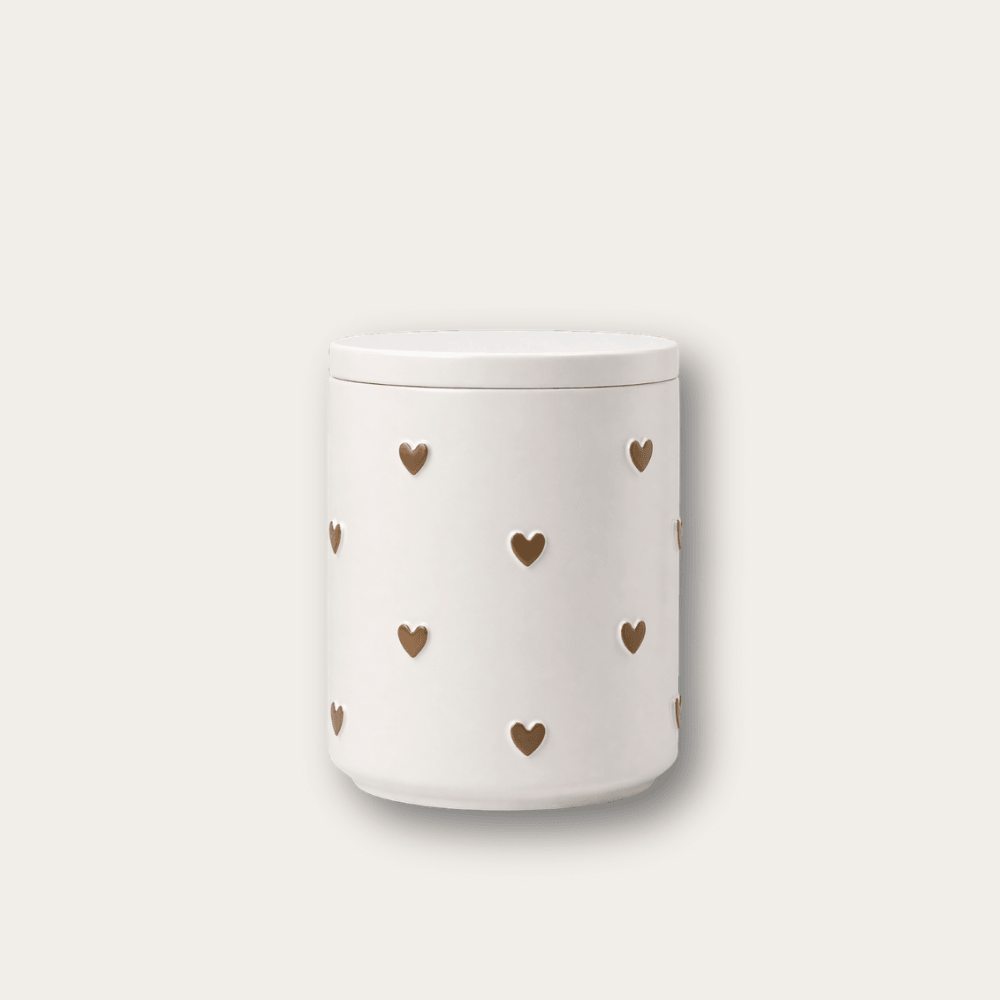Cherish potje met deksel en reliëf van hartjes in taupe kleur van Pebbles en LouLou 
