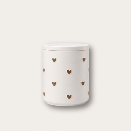 Cherish potje met deksel en reliëf van hartjes in taupe kleur van Pebbles en LouLou 