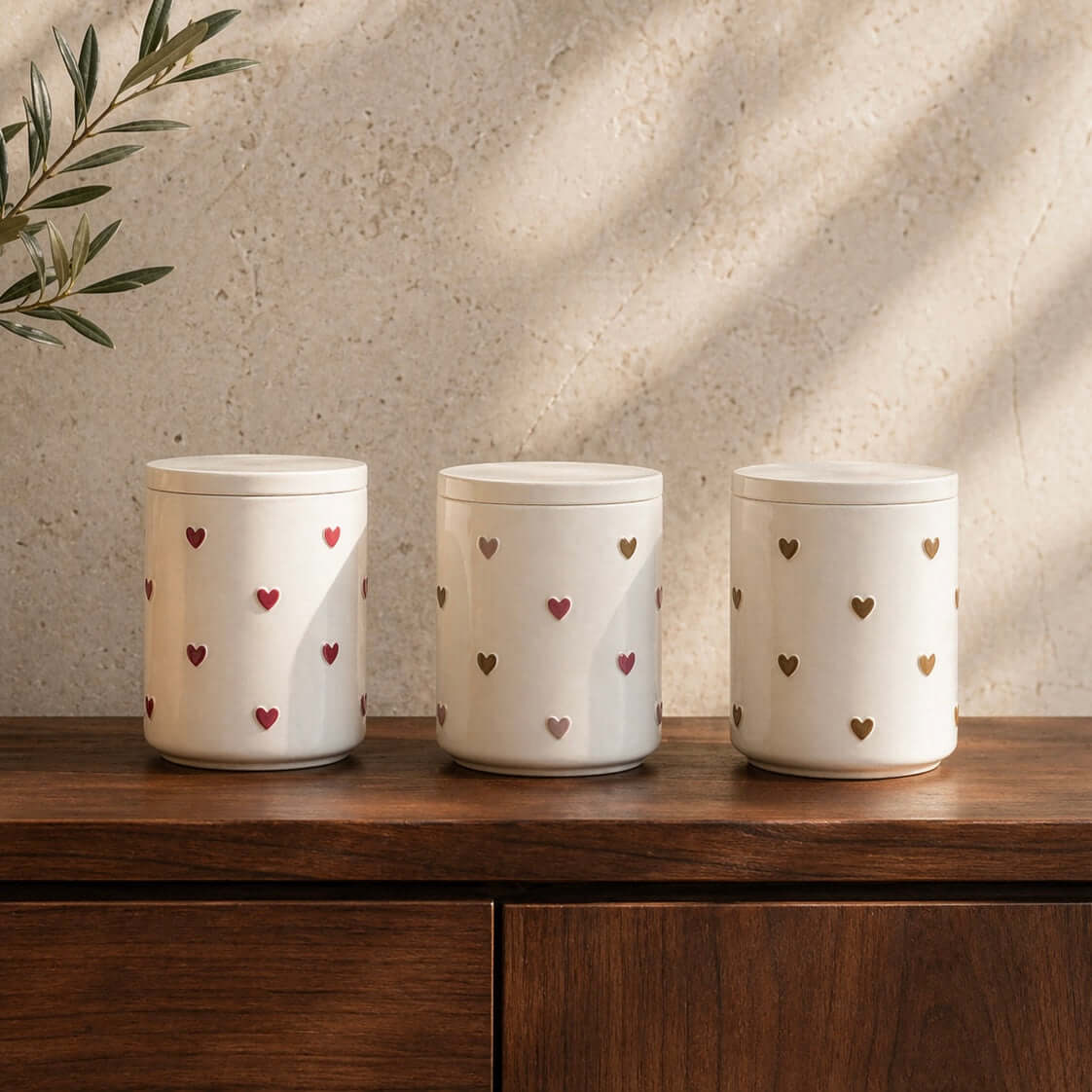 Potjes met deksel en reliëf van hartjes van Pebbles en LouLou in verschillende kleuren