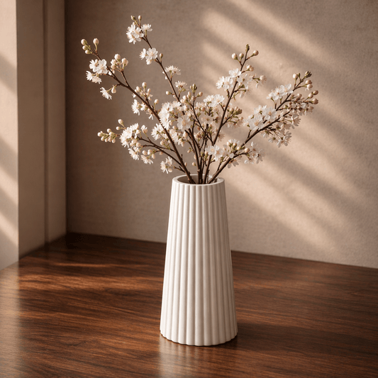 Lange cilindrische vaas in ivory met verticale reliëf lijnen op donker houten dressoir met decoratieve bloesem takken