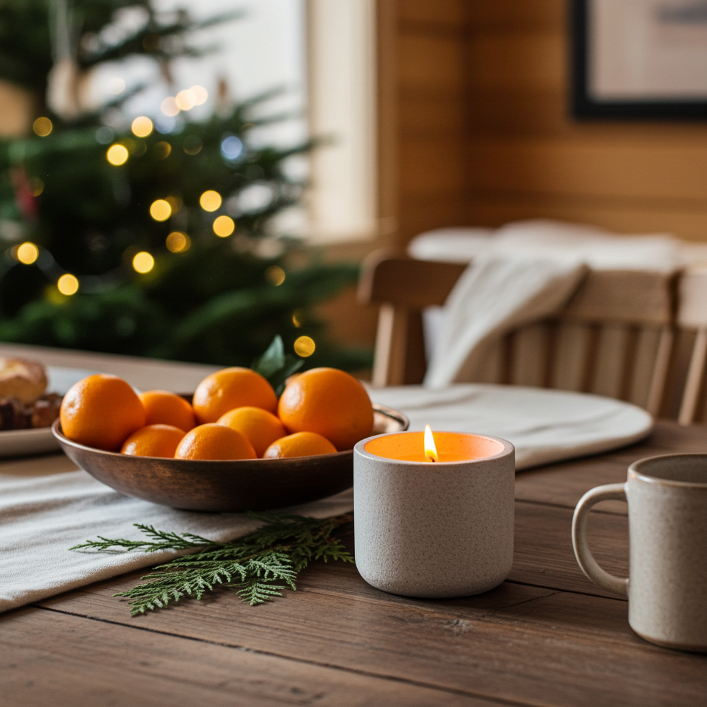 Duurzame geurkaars in een natuurstenen pot op een houten tafel met daarop een grote fruitschaal met sinaasappels en mandarijnen. Op de achtergrond is vaag een warme huiselijke woonkamer te zien in warme natuurtinten met een verlichte kerstboom.